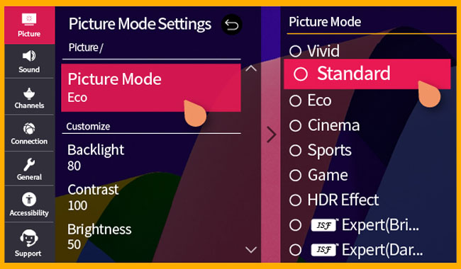 حالت استاندارد Standard Mode تنظیمات تصویر تلویزیون ال جی LG