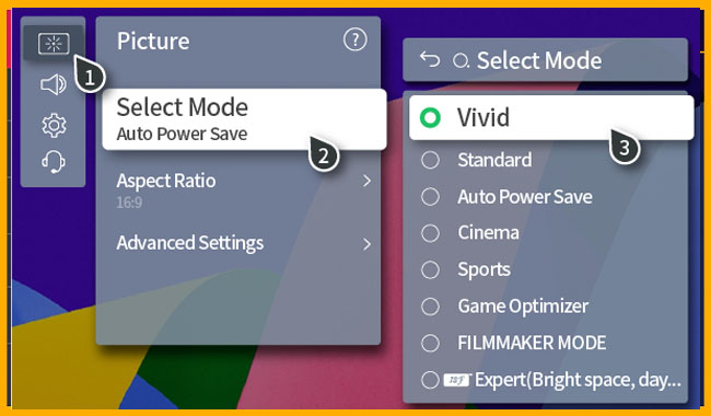 حالت زنده یا شفاف (Vivid Mode) - تنظیمات تصویر تلویزیون ال جی