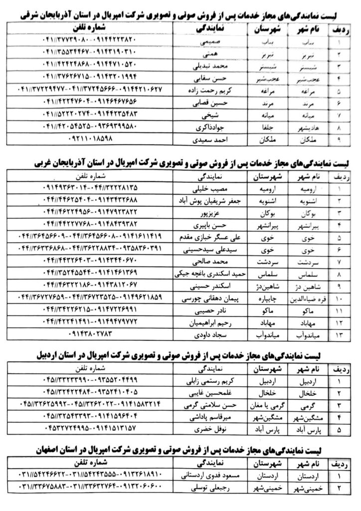 لیست نمایندگی های مجاز خدمات پس از فروش شرکت امپریال در استان های آذربایجان شرقی، غربی، اردبیل، اصفهان 