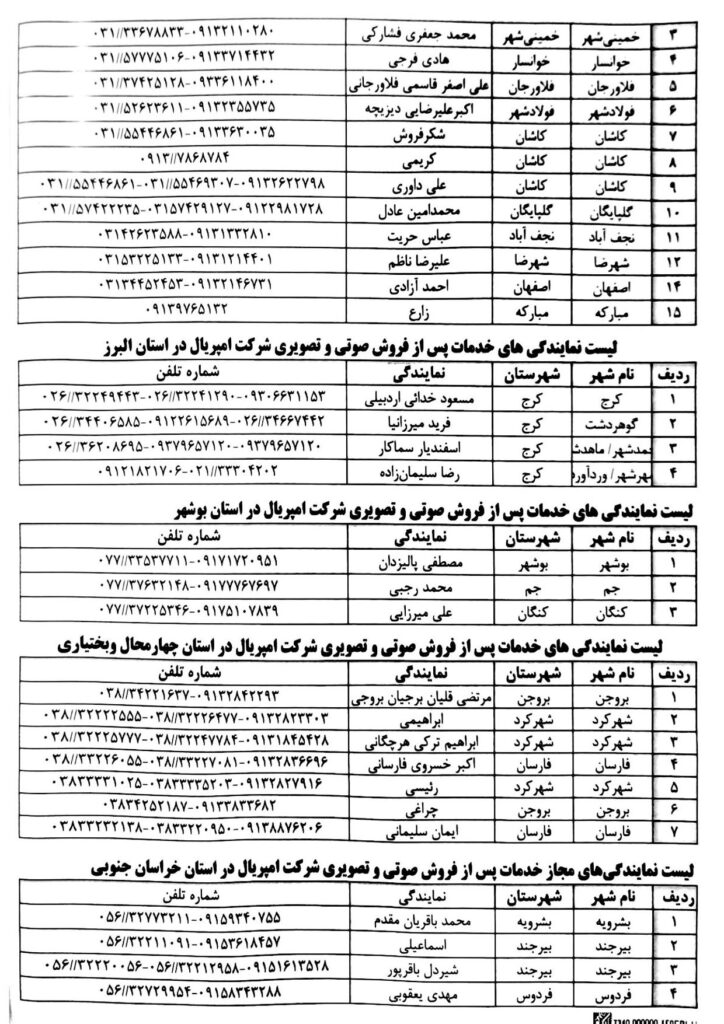 لیست نمایندگی های مجاز خدمات پس از فروش شرکت امپریال در استان های اصفهان، چهارمحال، البرز، بوشهر، خراسان جنوبی